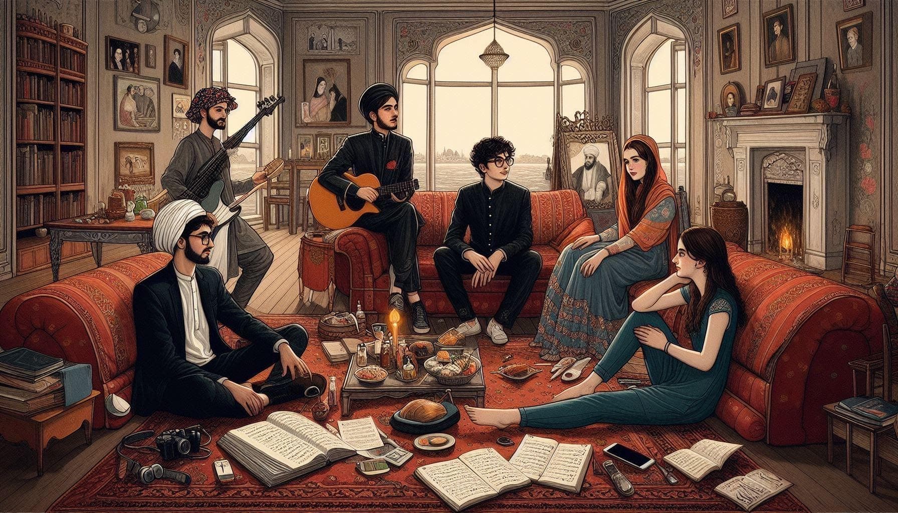 Image of Young People reciting shayari in a mehfil harkening to the Mughal aesthetic